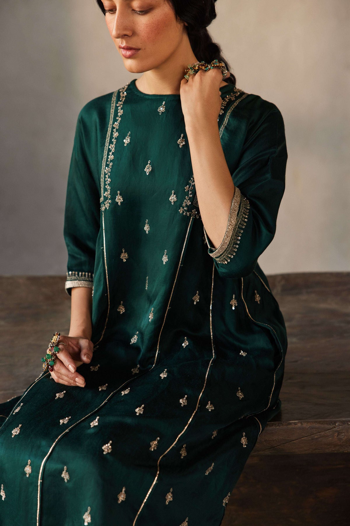 A-line kurta set in green with embroidery for festive wear india - silk and organza - cropped