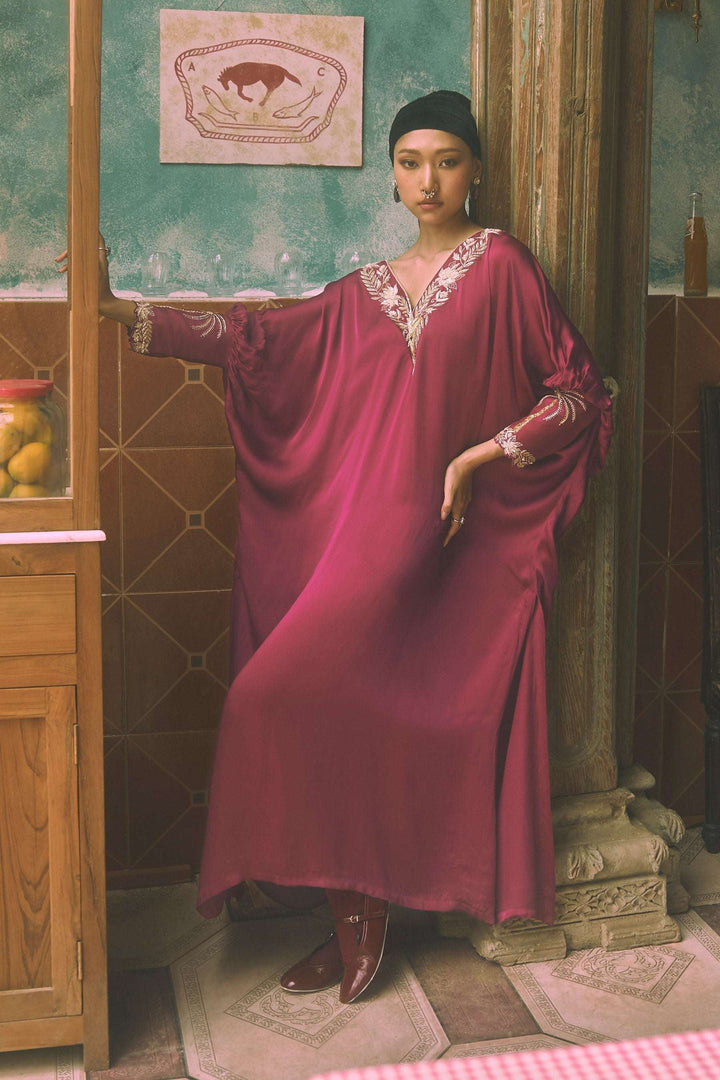 Satin Lionheart ivory women kaftan dress — Warra festive occasion wear India - 4