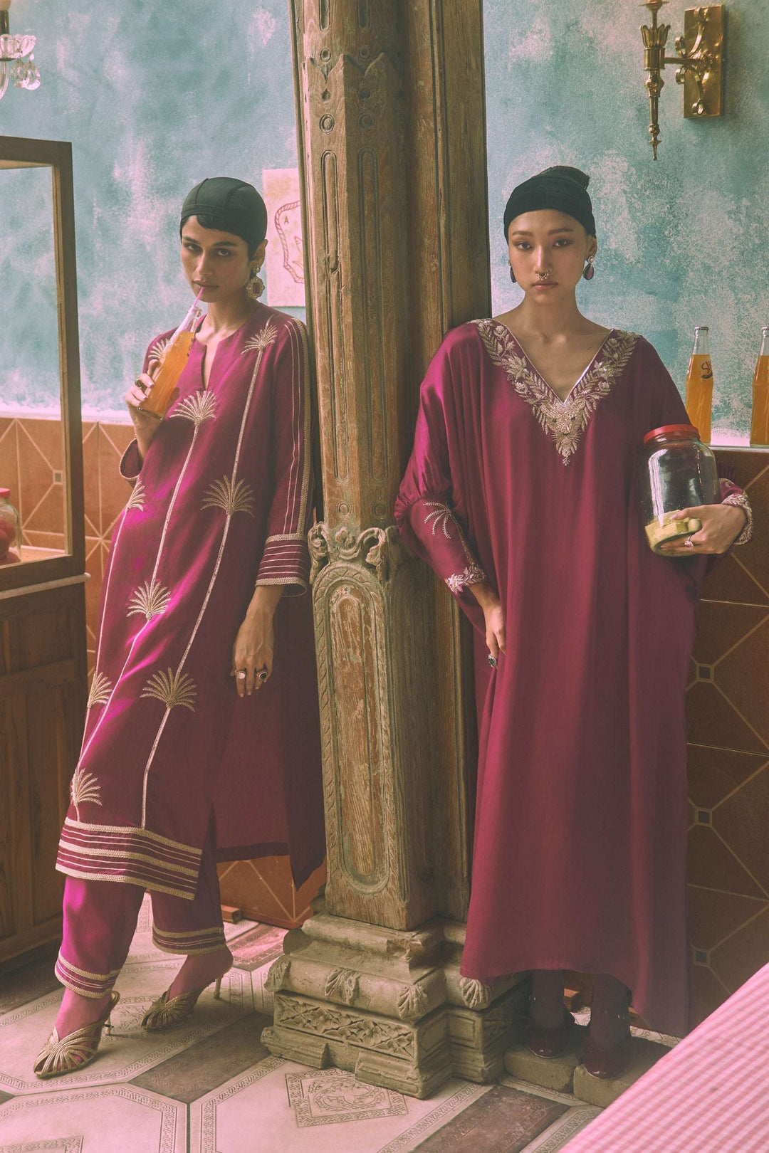 Satin Lionheart ivory women kaftan dress — Warra festive occasion wear India - 12