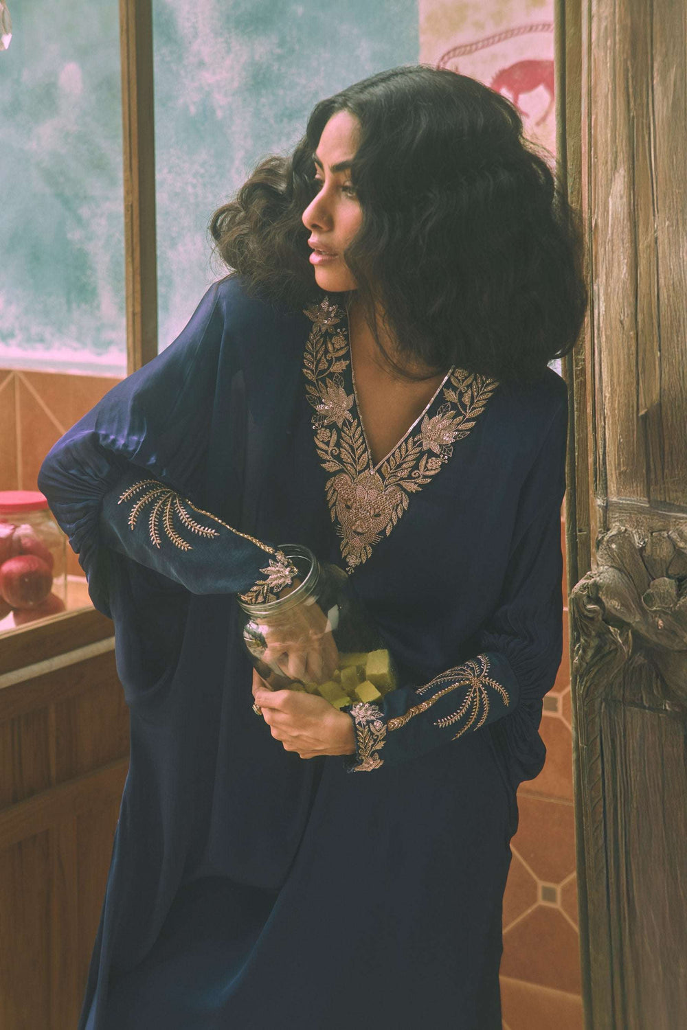 Satin Lionheart ivory women kaftan dress — Warra festive occasion wear India - 3