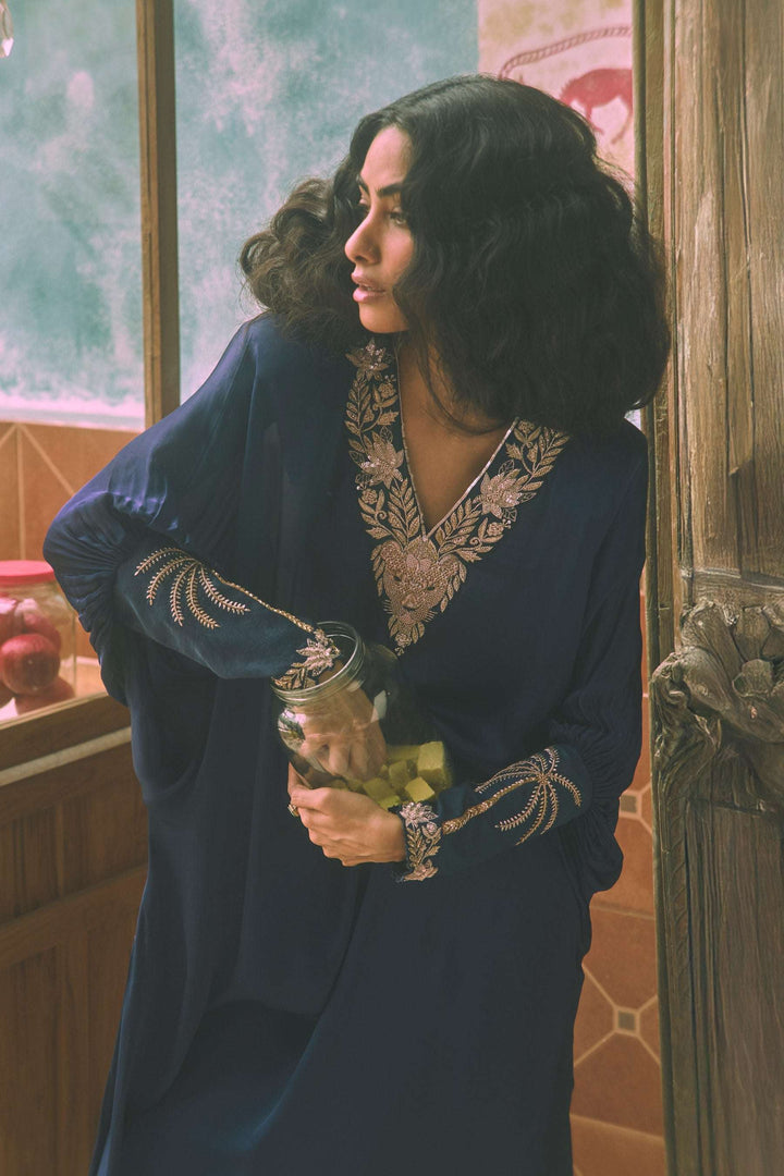 Satin Lionheart ivory women kaftan dress — Warra festive occasion wear India - 3