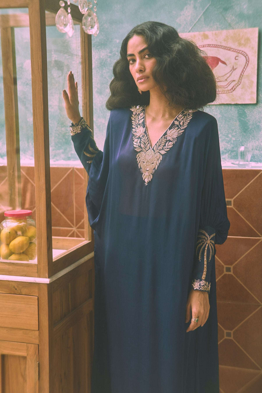 Satin Lionheart ivory women kaftan dress — Warra festive occasion wear India - 2
