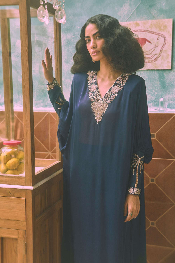 Satin Lionheart ivory women kaftan dress — Warra festive occasion wear India - 2
