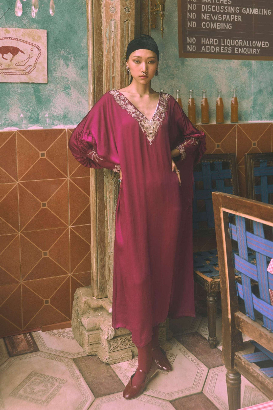Satin Lionheart ivory women kaftan dress — Warra festive occasion wear India - 10