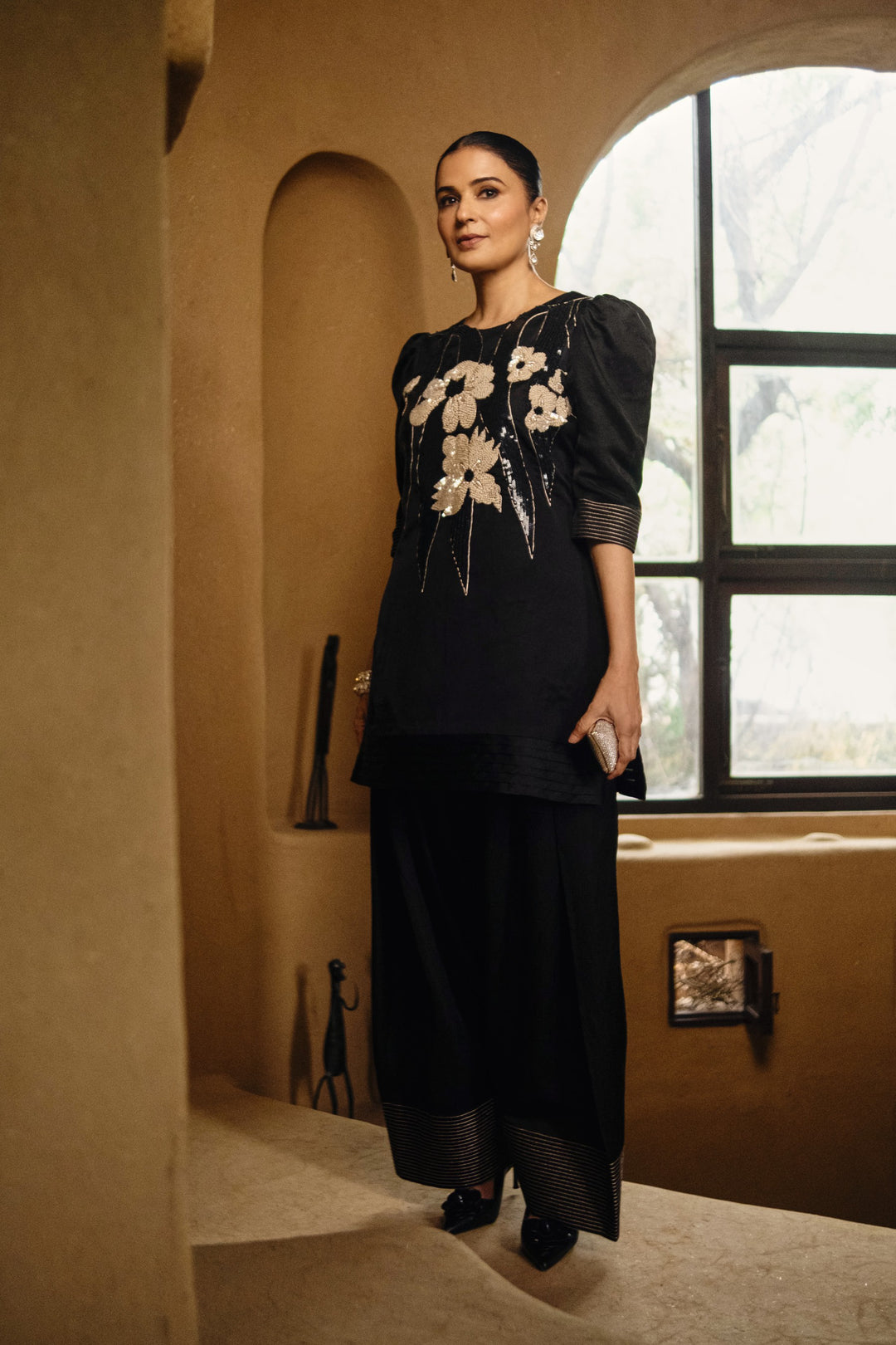 Black Farshi Salvar for Festive Occasion Wear worn by Divya Kapoor Gurwara - Full length - Warra 