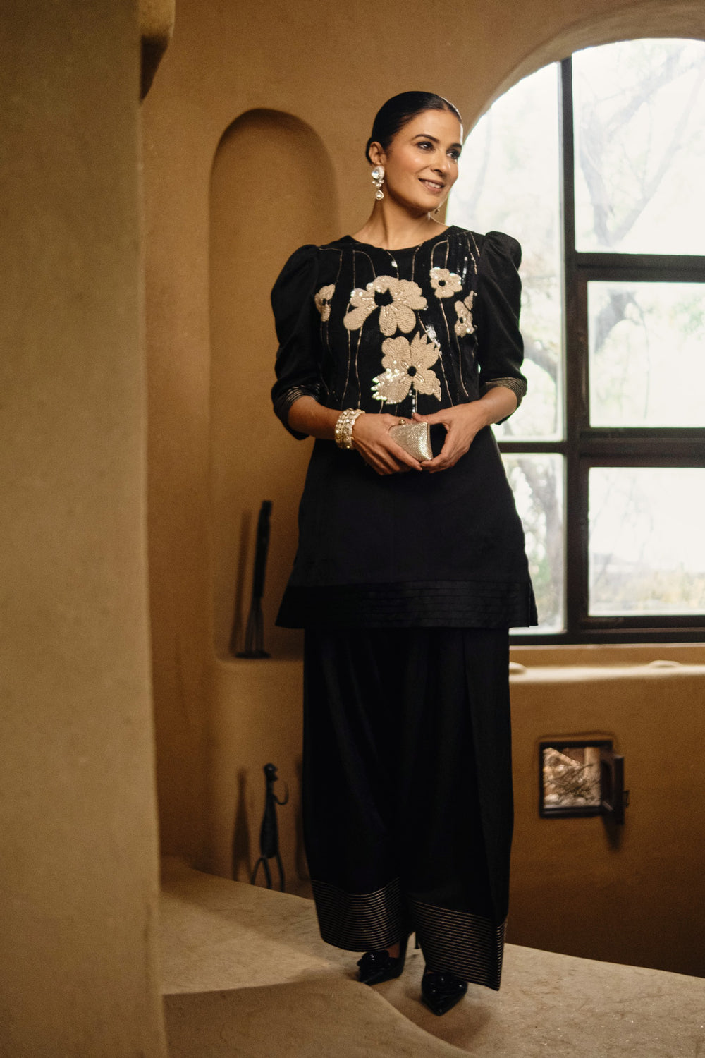 Black Farshi Salvar for Festive Occasion Wear worn by Divya Kapoor Gurwara - Full length - warra