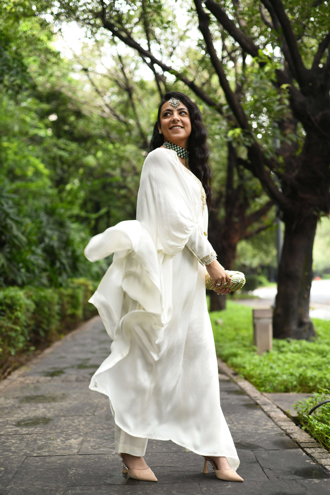 Satin Lionheart ivory women kaftan dress — Warra festive occasion wear India - 6