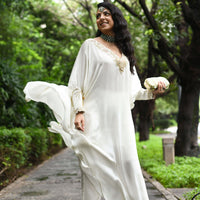 Satin Lionheart ivory women kaftan dress — Warra festive occasion wear India