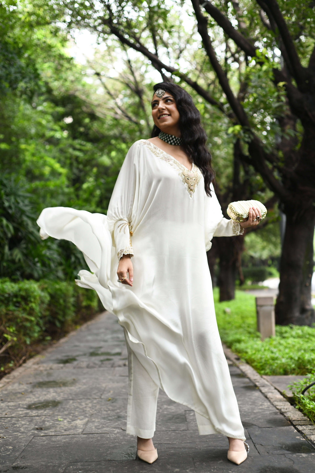 Satin Lionheart ivory women kaftan dress — Warra festive occasion wear India