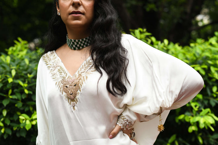 Satin Lionheart ivory women kaftan dress — Warra festive occasion wear India - 9