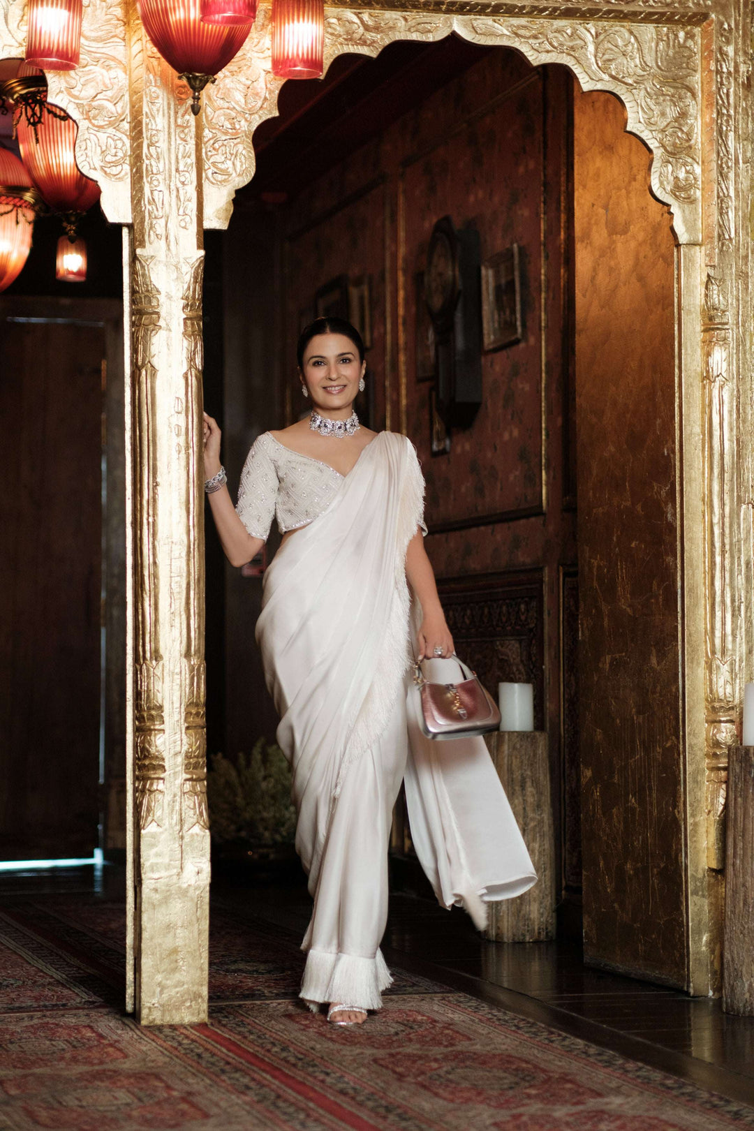 Pearl ivory fringe ready to wear saree with stitched blouse — Warra premium saree India