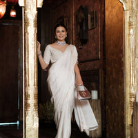Pearl ivory fringe ready to wear saree with stitched blouse — Warra premium saree India