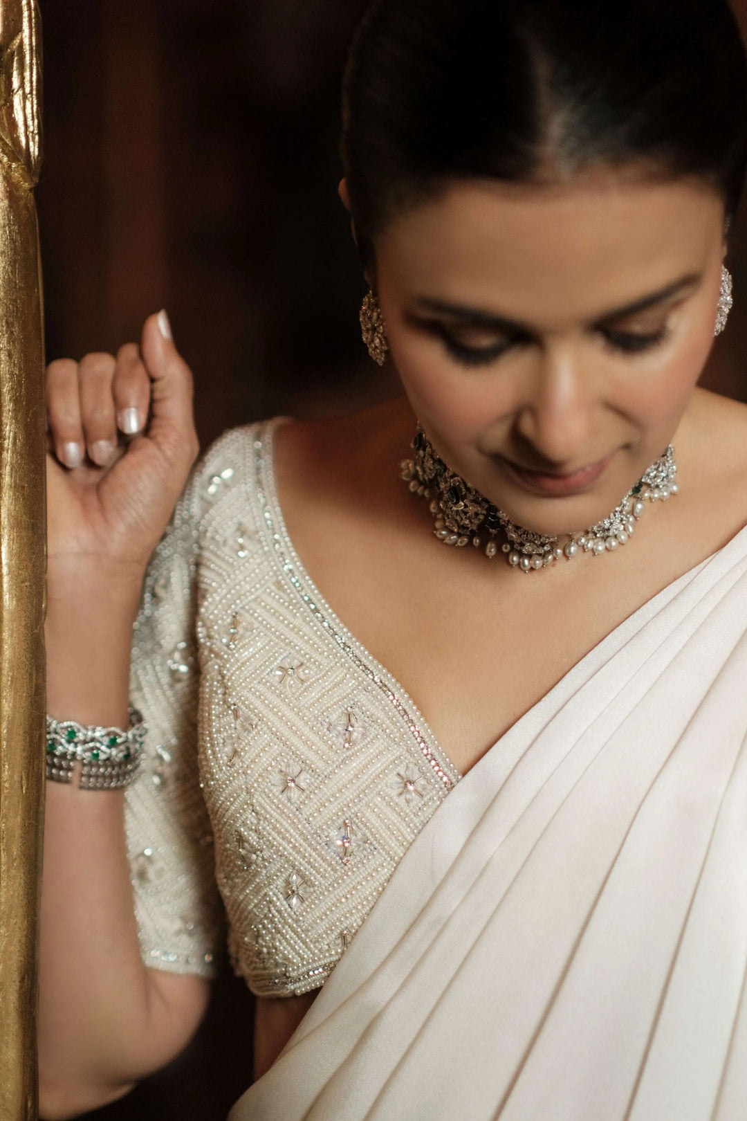 Ivory Pearl Stitched Saree Blouse_2