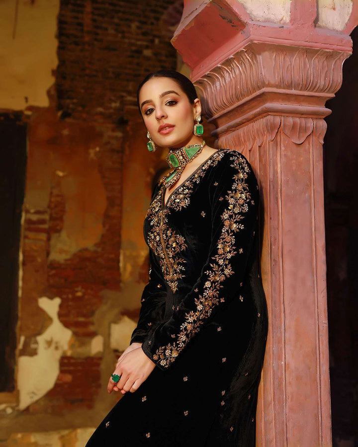 Black velvet women kaftan dress — Warra luxury Indian occasion wear - 1