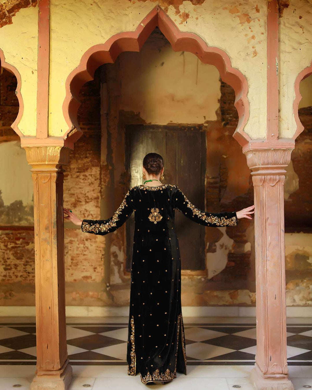 Black velvet women kaftan dress — Warra luxury Indian occasion wear - 2