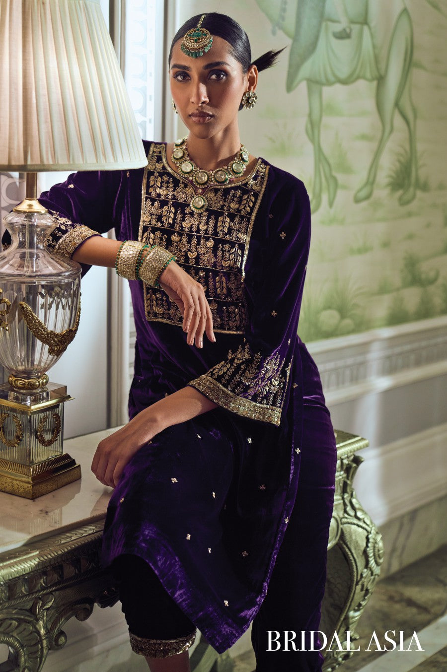 Royal purple velvet embroidered kurta set detail for festive wear — Warra
