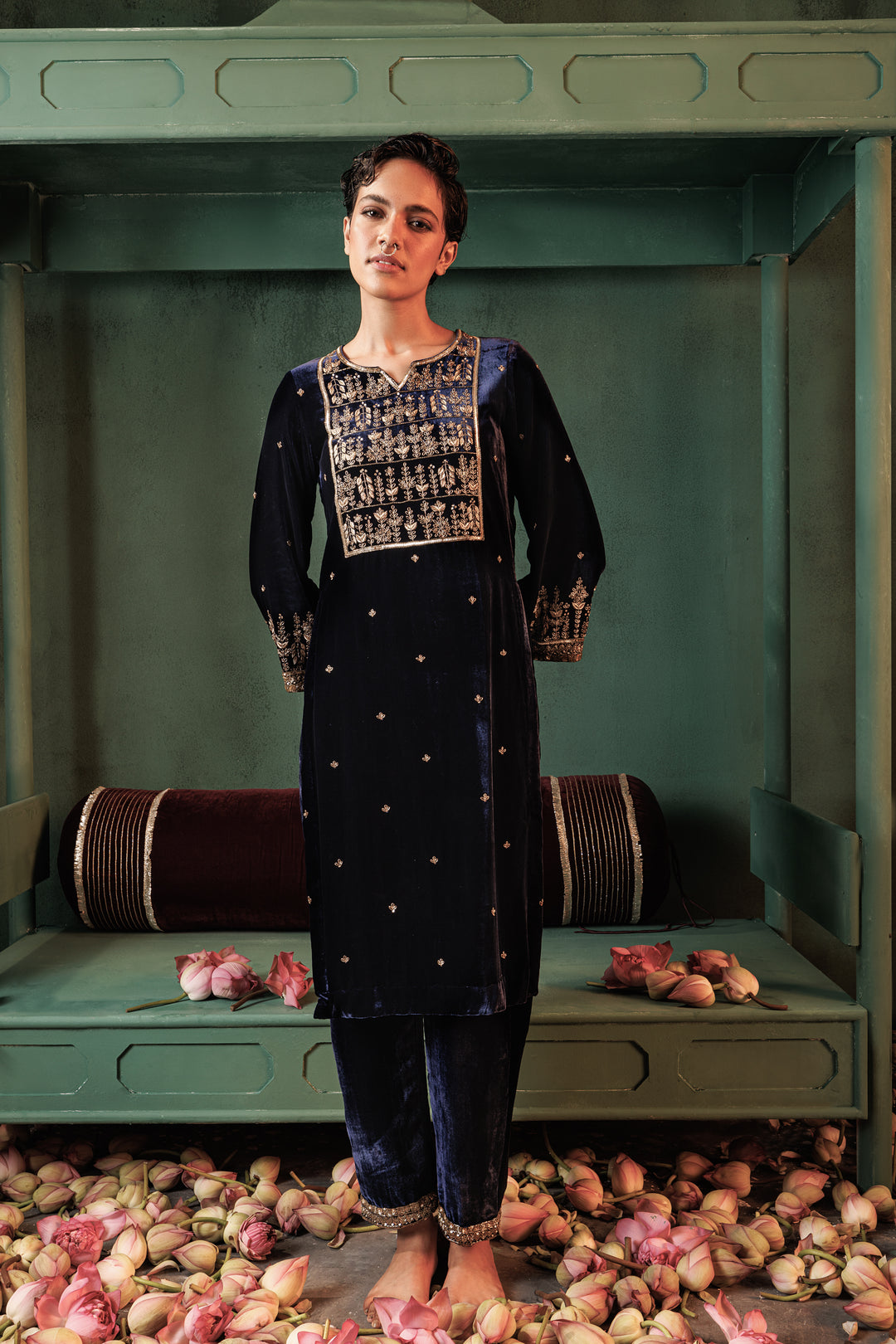 Sapphire blue velvet embroidered kurta set for festive wear - front view - details - warra