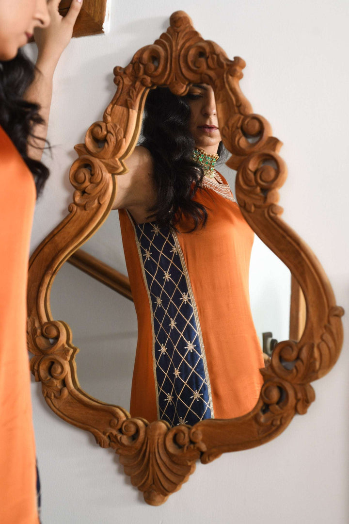Liora orange and navy festive kurta set for women — Warra premium occasion wear India - 3