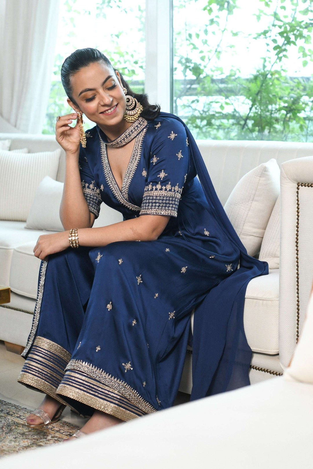 Midnight blue satin Angrakha kurta for women — Warra premium festive occasion wear