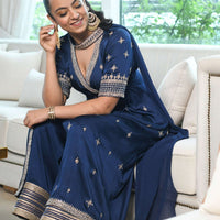 Midnight blue satin Angrakha kurta for women — Warra premium festive occasion wear