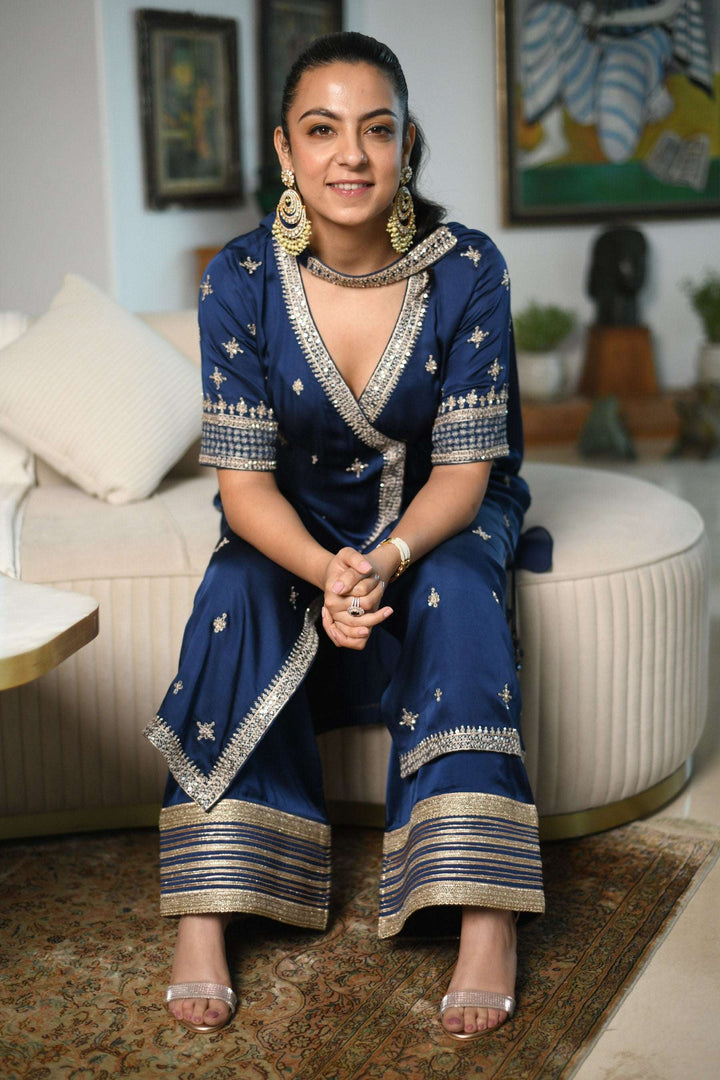 Midnight blue satin Angrakha kurta for women — Warra premium festive occasion wear - 3