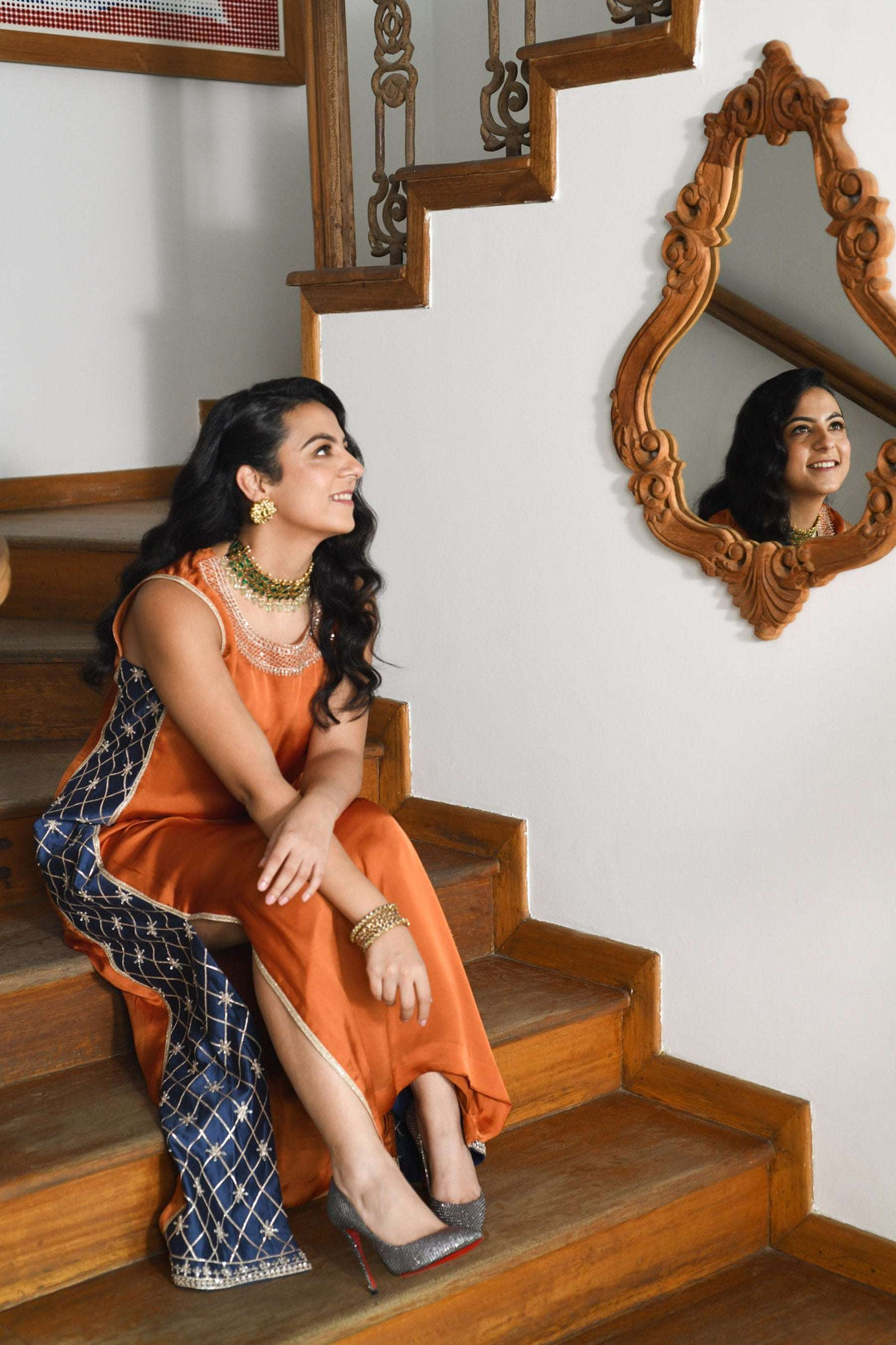 Liora orange and navy festive kurta set for women — Warra premium occasion wear India - 2