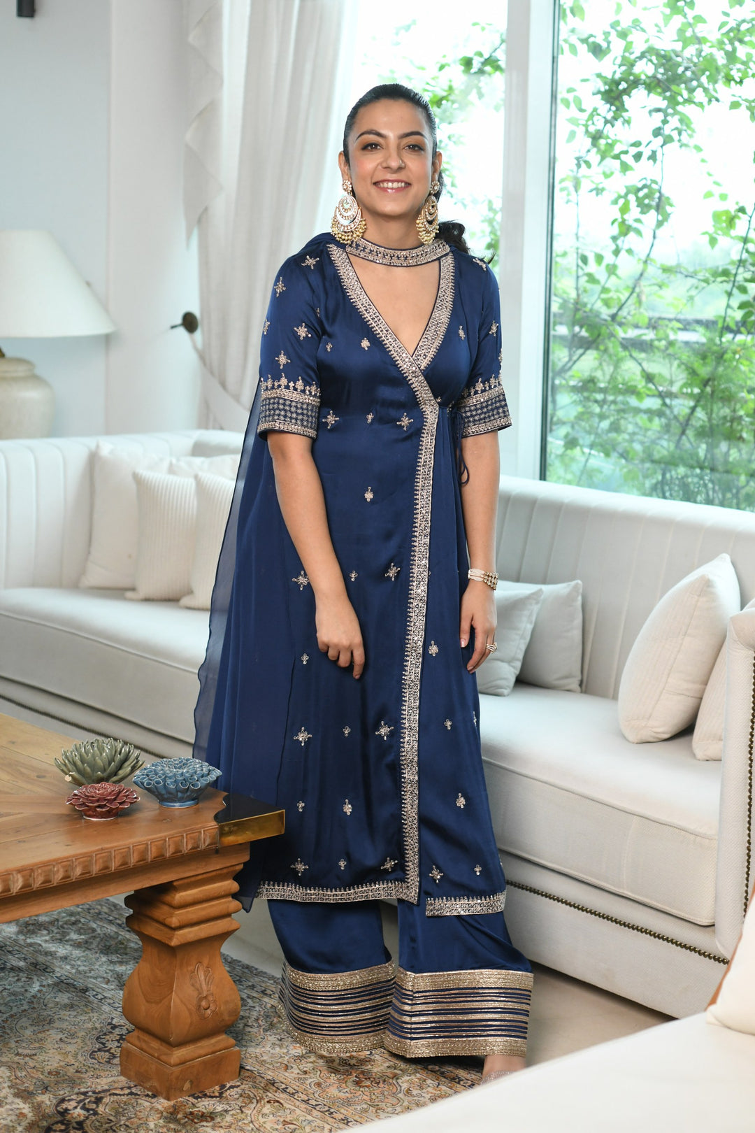 Midnight Blue Satin Angrakha