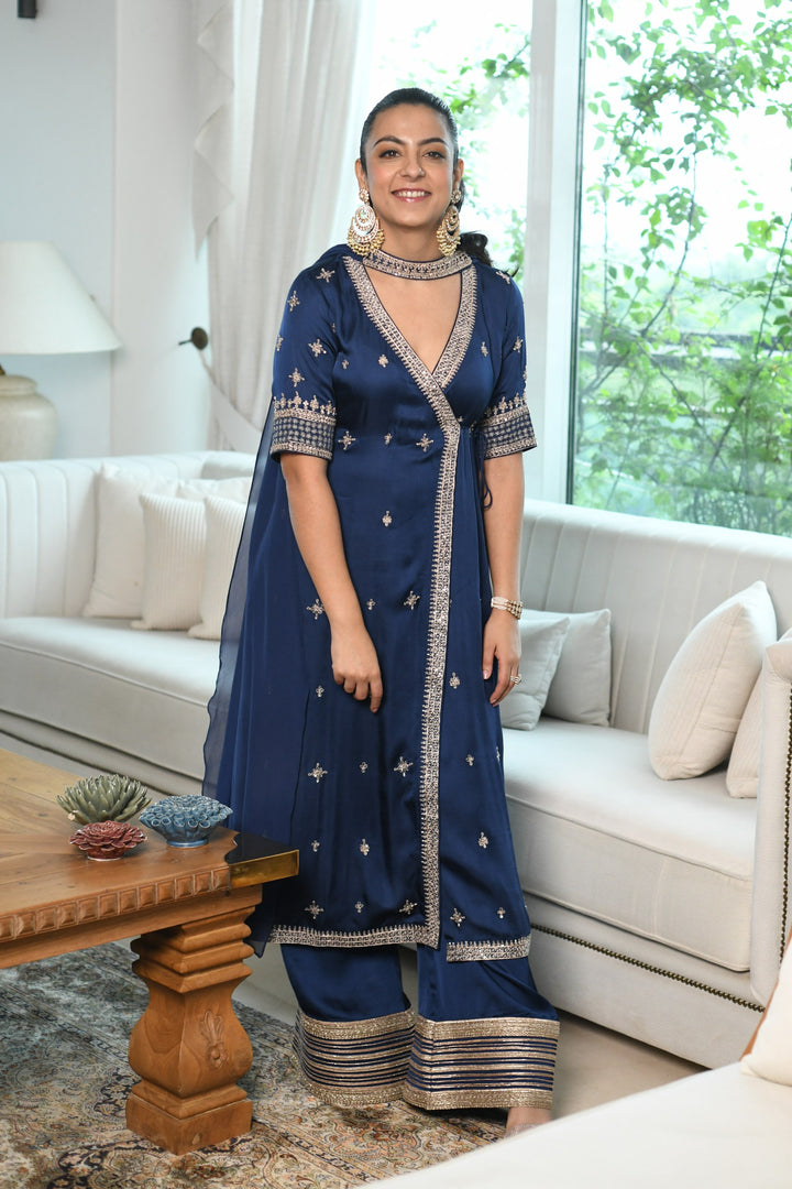 Midnight Blue Satin Angrakha