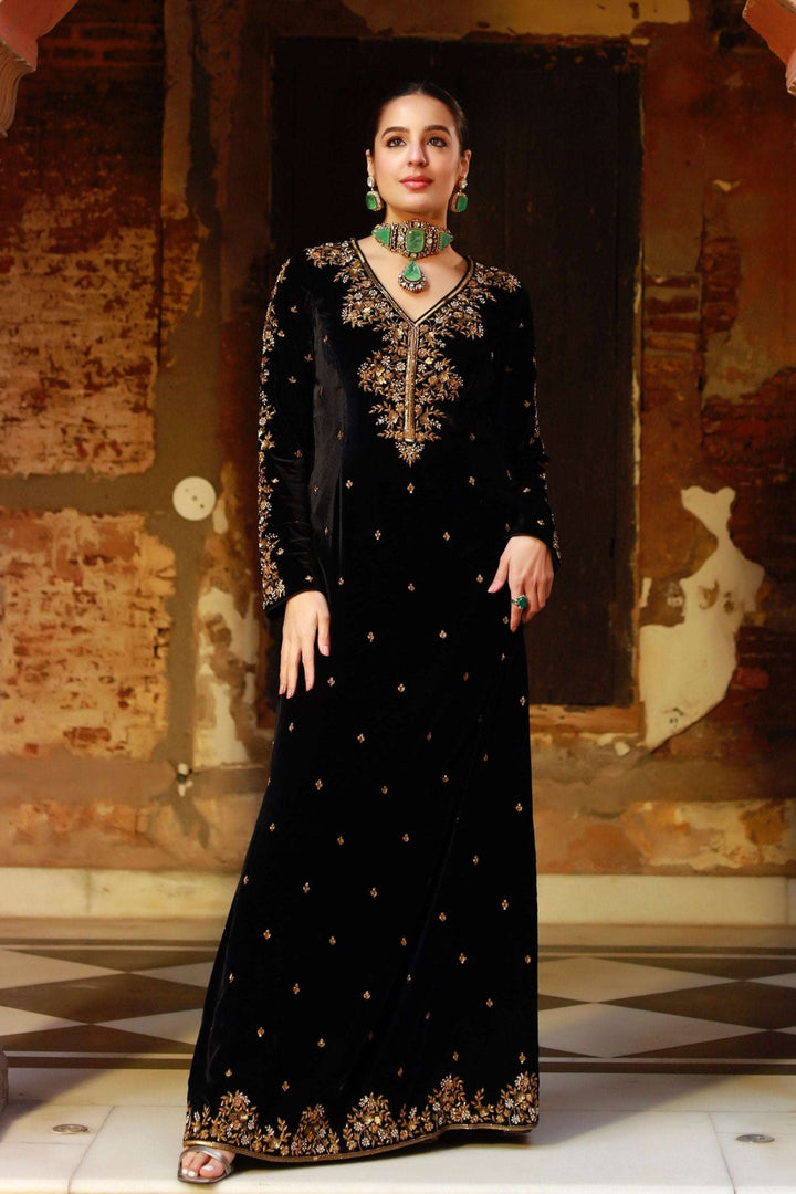 Black velvet women kaftan dress — Warra luxury Indian occasion wear