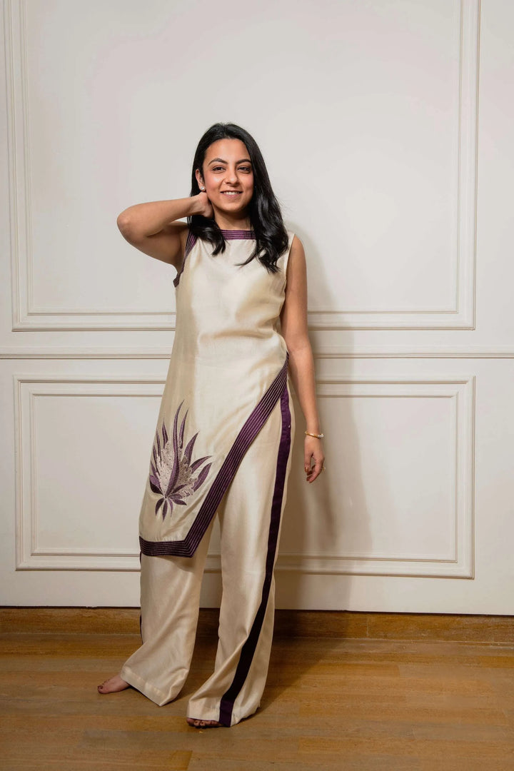 Ivory & Purple Chanderi Silk Ethnic Co-ord Set - Indira_2