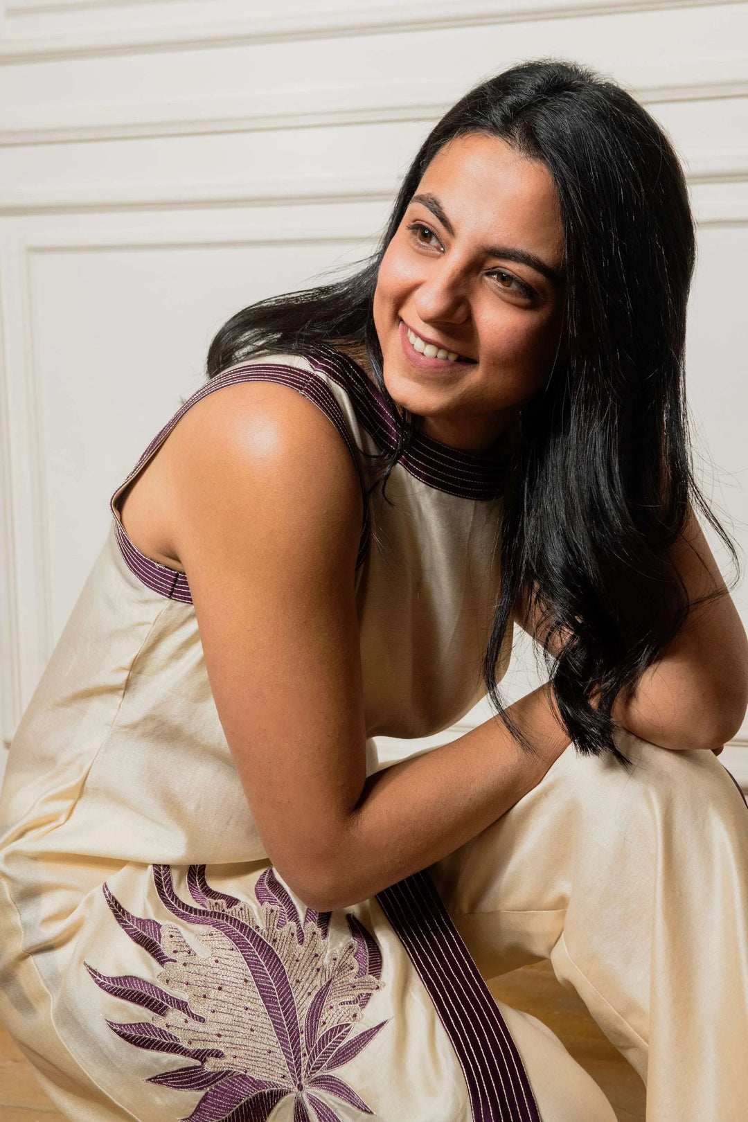Ivory & Purple Chanderi Silk Ethnic Co-ord Set - Indira_1
