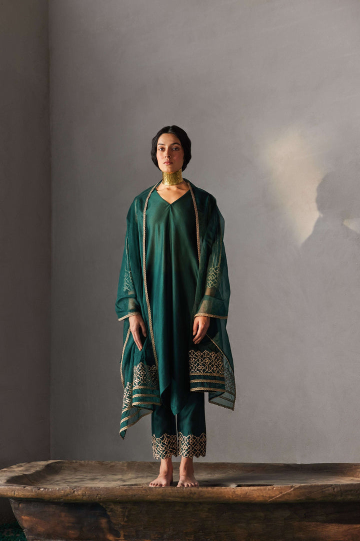 FOREST GREEN GOTA EMBROIDERY ASYMMETRICAL KURTA SET