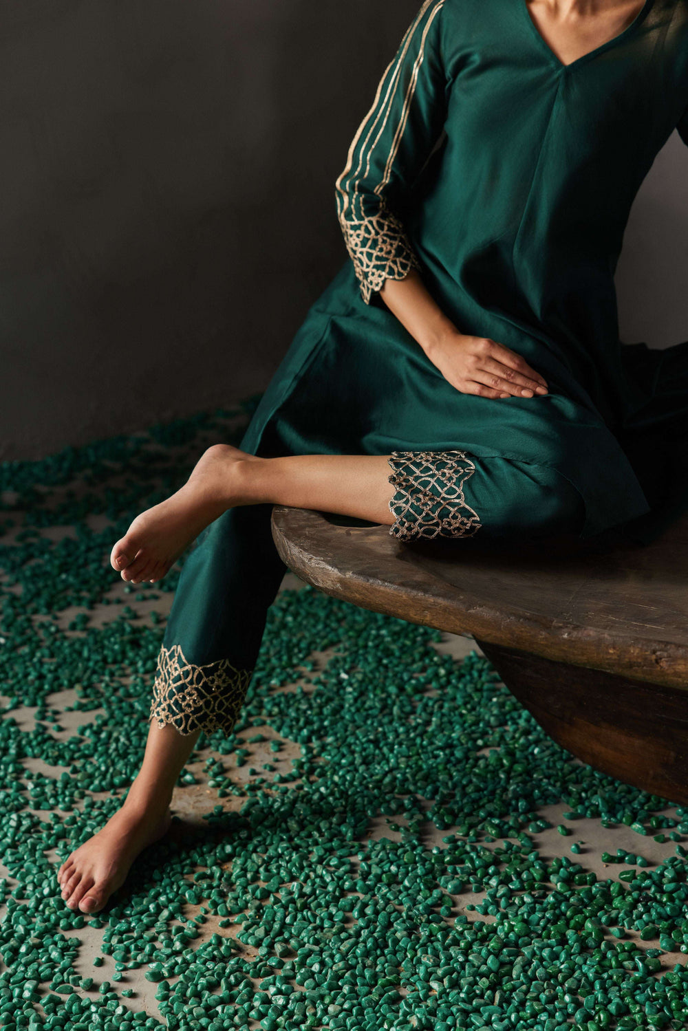 FOREST GREEN GOTA EMBROIDERY ASYMMETRICAL KURTA SET