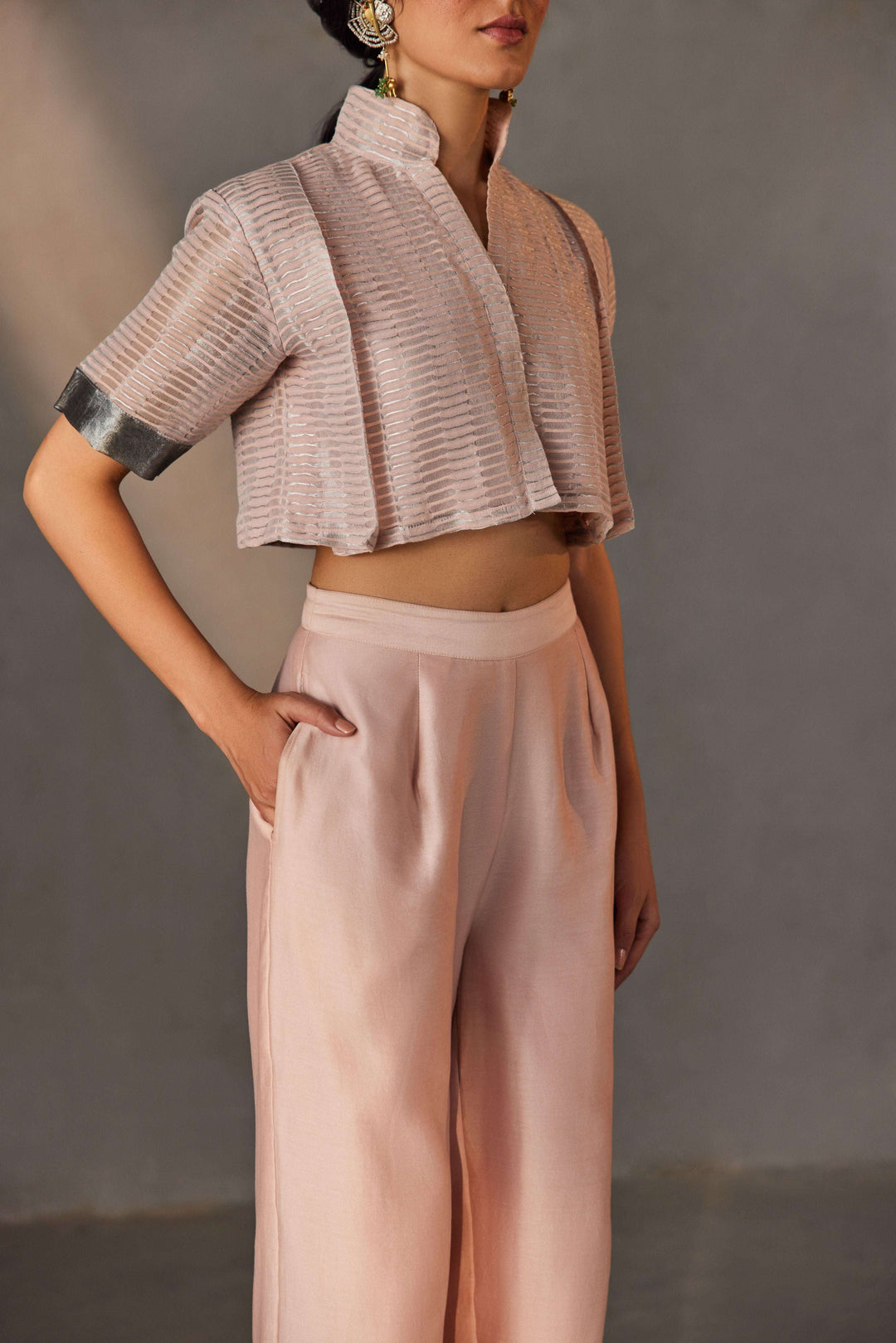 Powder pink Chanderi silk co-ord set for women — Warra zari pret occasion wear India - 2