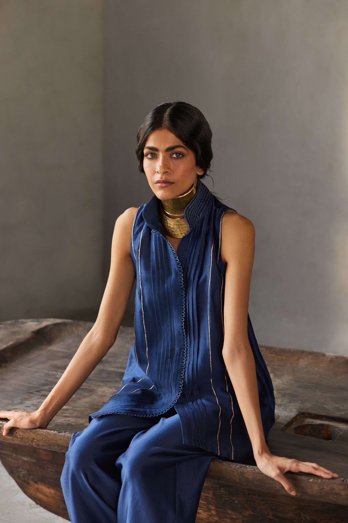 Midnight navy blue Chanderi silk pret set for women — Warra ethnic co-ord set India - 2