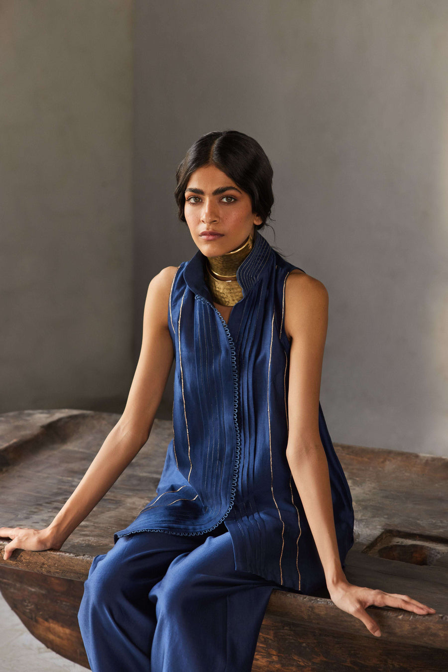 Midnight navy blue Chanderi silk pret set for women — Warra ethnic co-ord set India - 2
