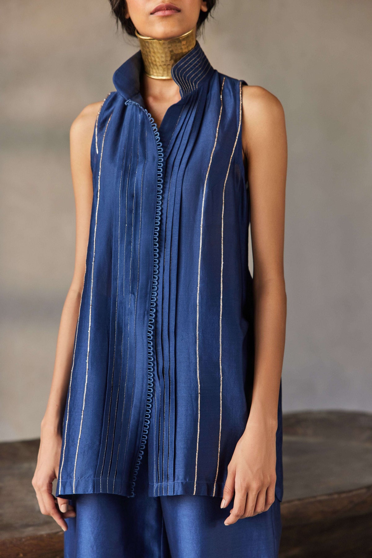 Midnight navy blue Chanderi silk pret set for women — Warra ethnic co-ord set India - 1