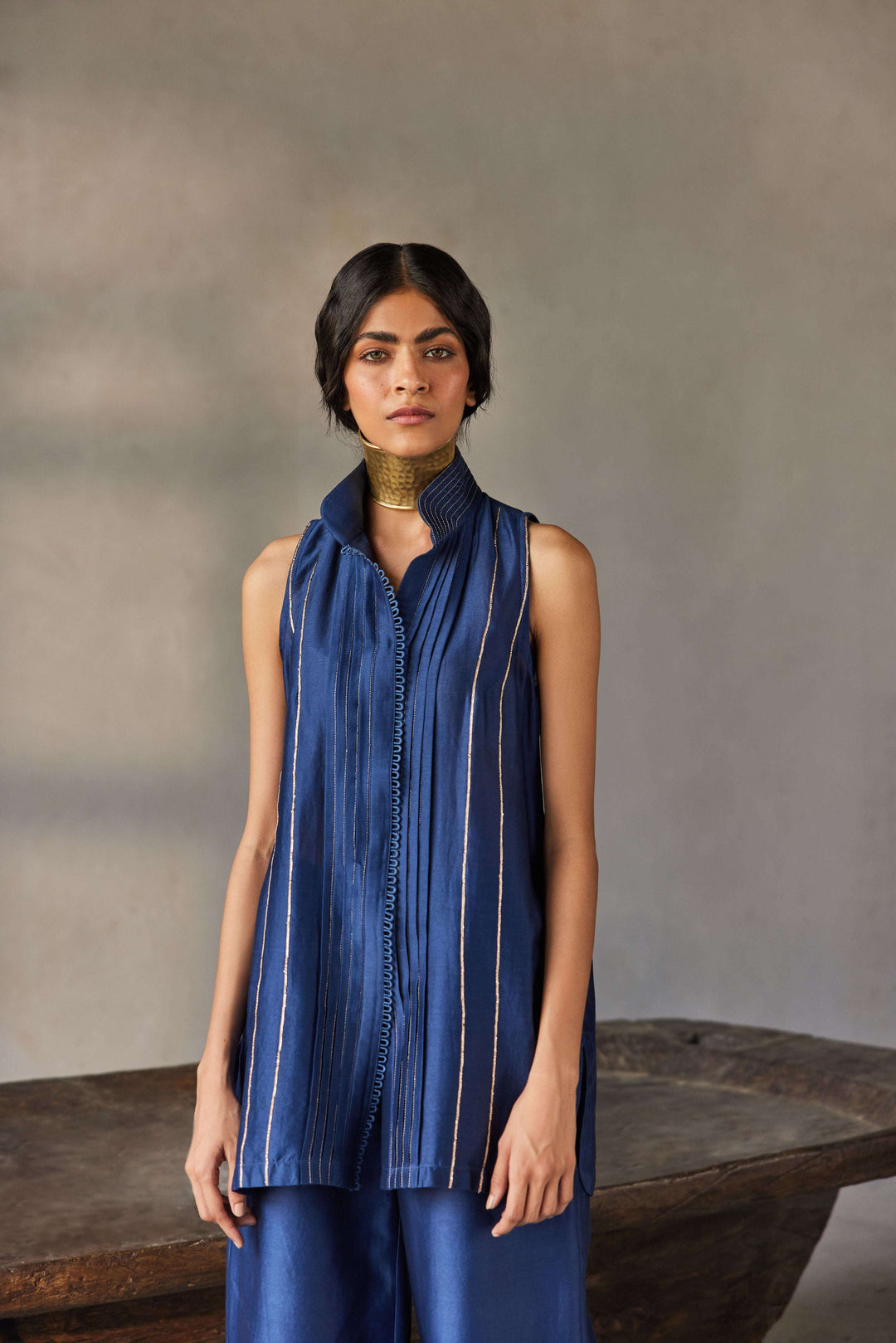 Midnight navy blue Chanderi silk pret set for women — Warra ethnic co-ord set India - 3