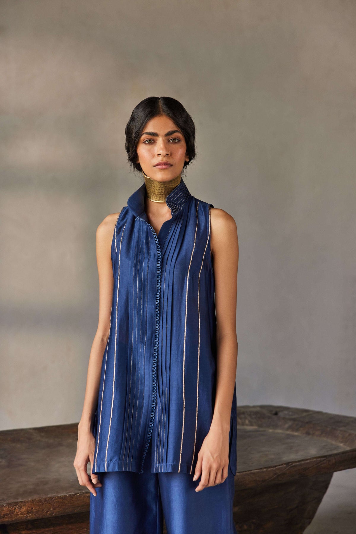 Midnight navy blue Chanderi silk pret set for women — Warra ethnic co-ord set India - 3