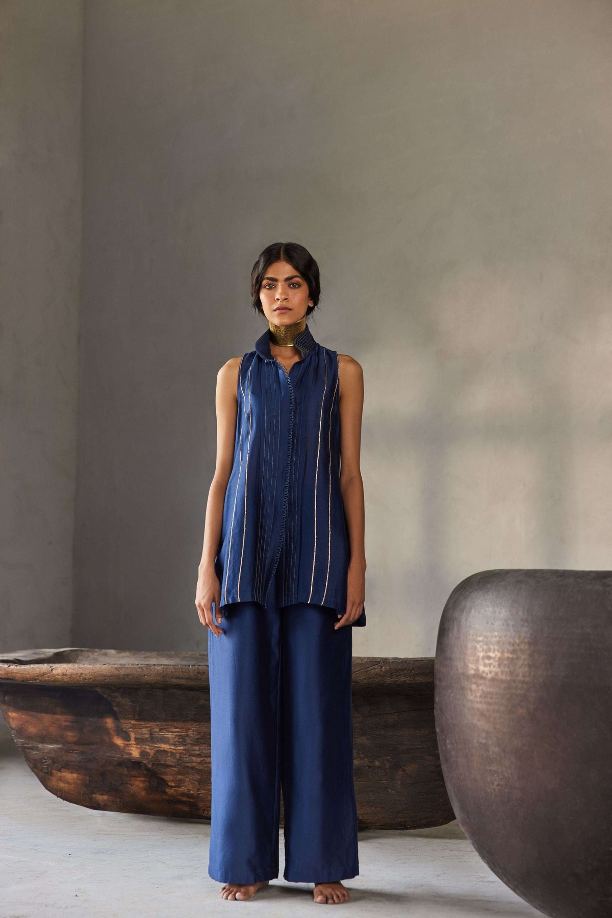 Midnight navy blue Chanderi silk pret set for women — Warra ethnic co-ord set India