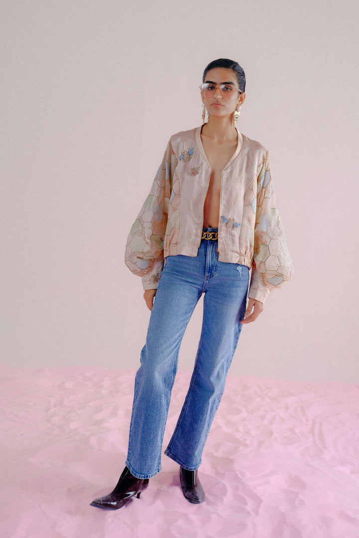 babypink-linen-organza-hexagonal-patchwork-bomber-jeans-casual-luxury-warra