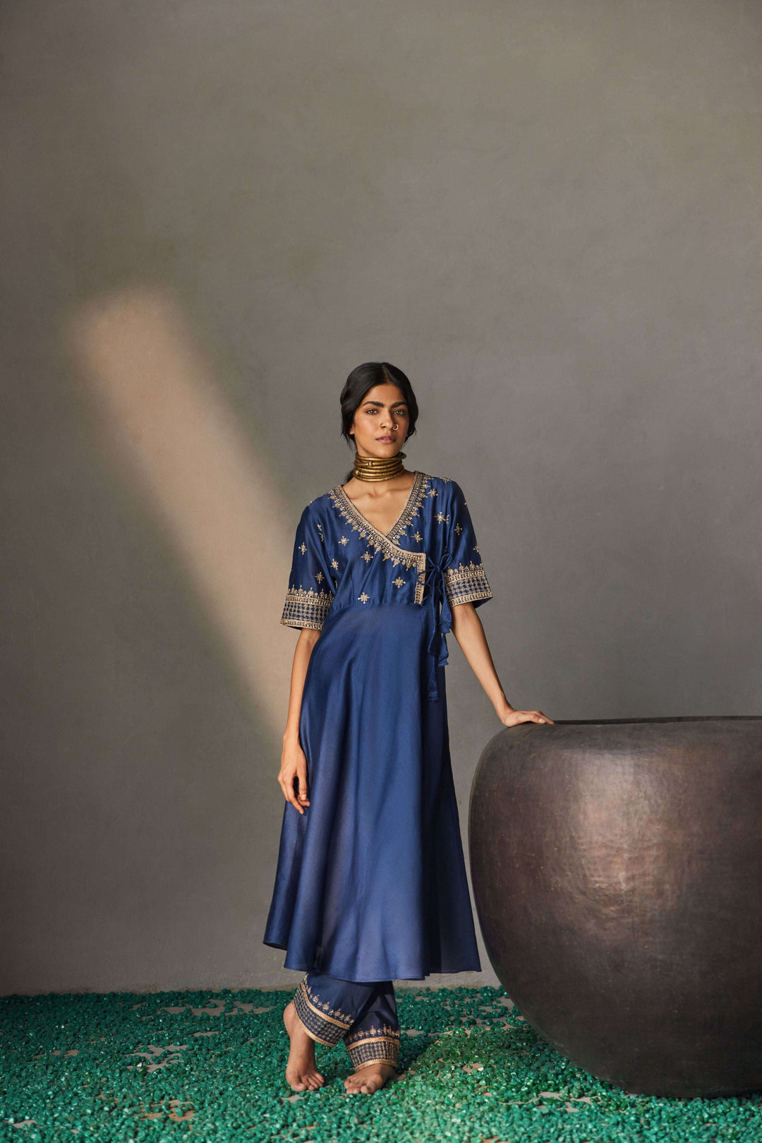 Midnight navy blue Chanderi silk Angrakha kurta for women — Warra pure Chanderi pret set - 6