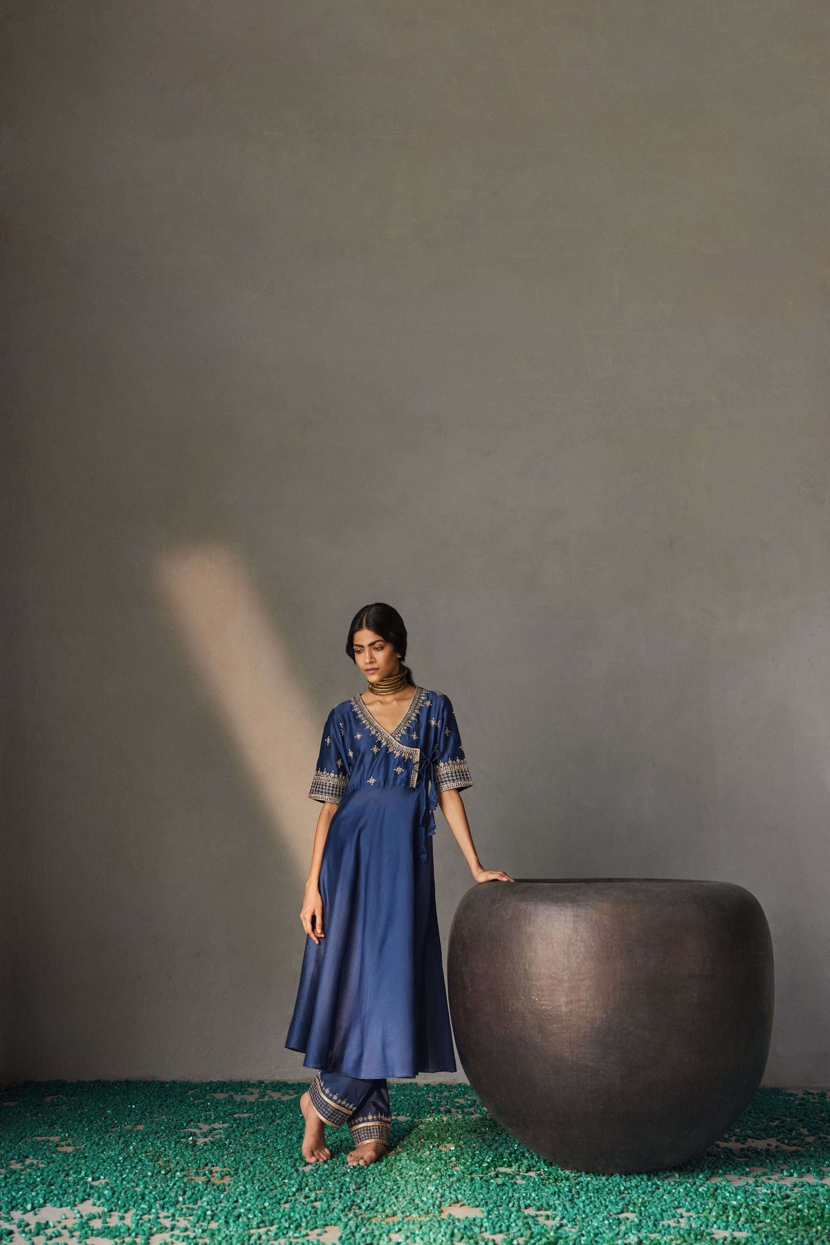 Midnight navy blue Chanderi silk Angrakha kurta for women — Warra pure Chanderi pret set - 3