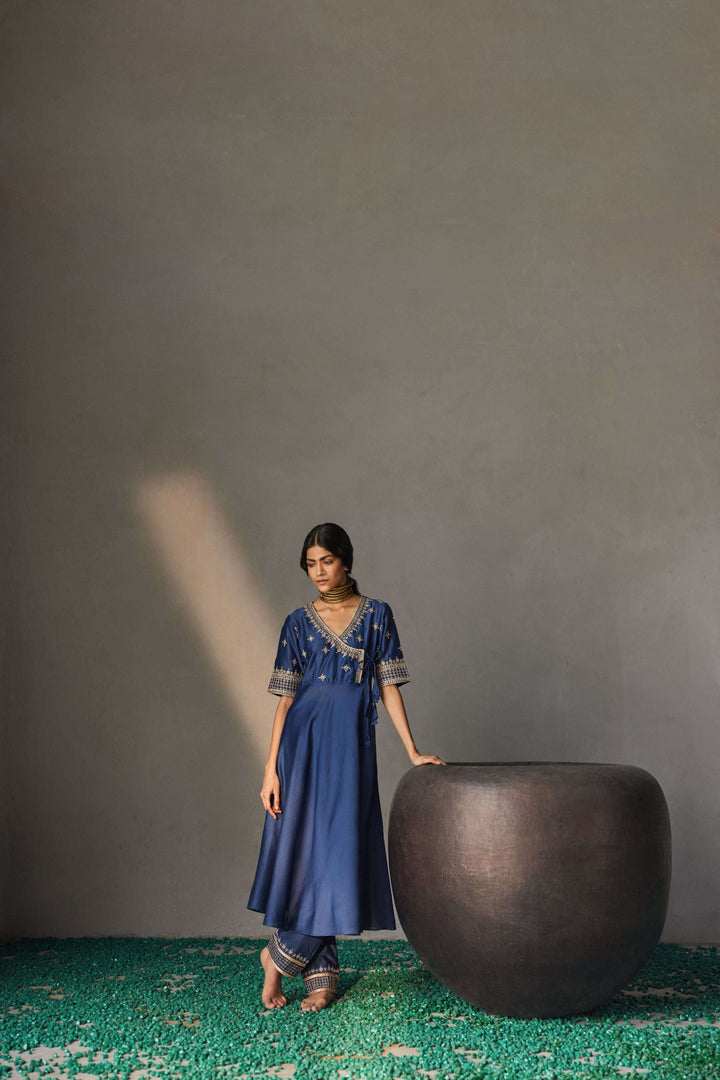 Midnight navy blue Chanderi silk Angrakha kurta for women — Warra pure Chanderi pret set - 3