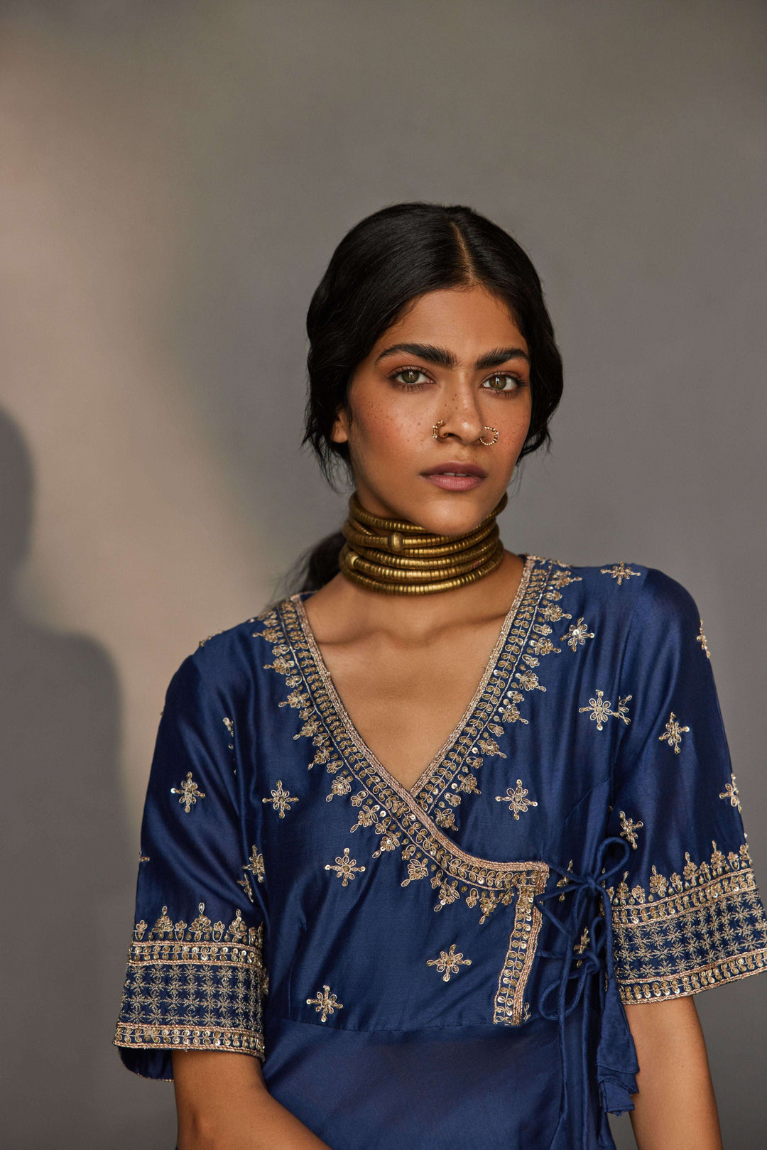 Midnight navy blue Chanderi silk Angrakha kurta for women — Warra pure Chanderi pret set