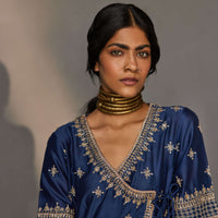 Midnight navy blue Chanderi silk Angrakha kurta for women — Warra pure Chanderi pret set