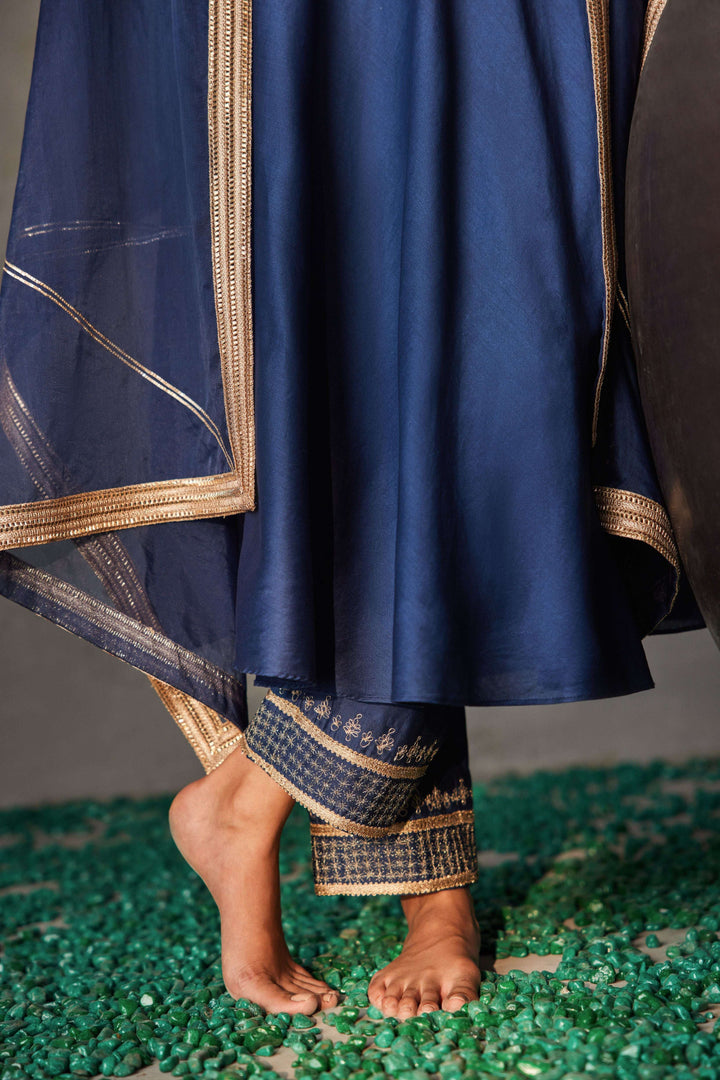 Midnight navy blue Chanderi silk Angrakha kurta for women — Warra pure Chanderi pret set - 8