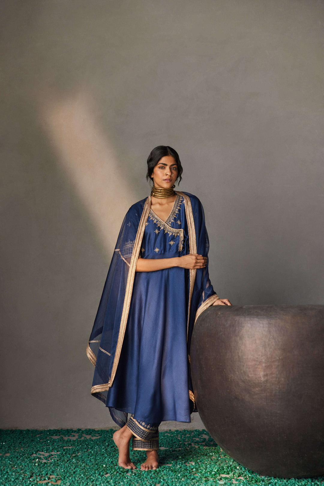 Midnight navy blue Chanderi silk Angrakha kurta for women — Warra pure Chanderi pret set - 5