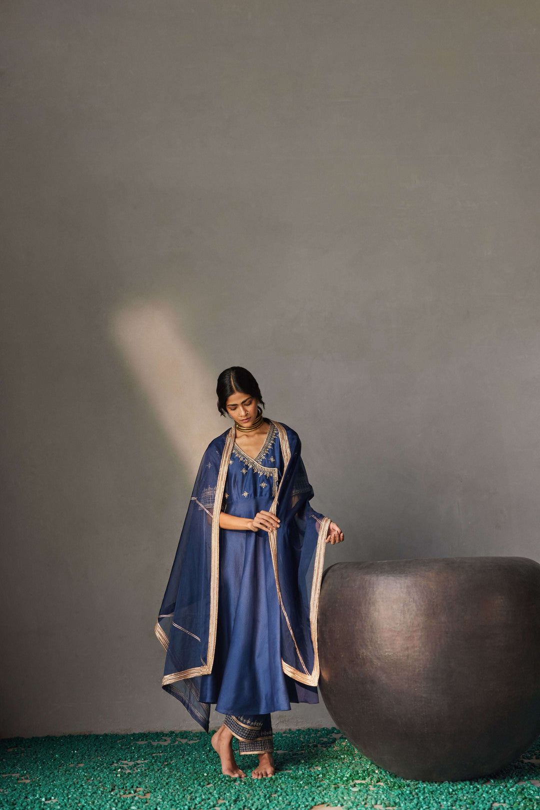 Midnight navy blue Chanderi silk Angrakha kurta for women — Warra pure Chanderi pret set - 7