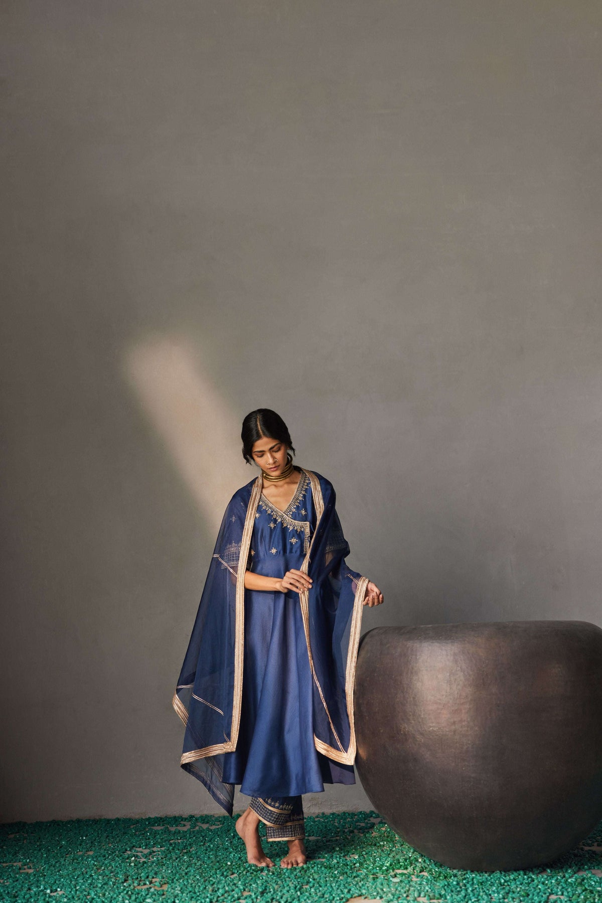 Midnight navy blue Chanderi silk Angrakha kurta for women — Warra pure Chanderi pret set - 7